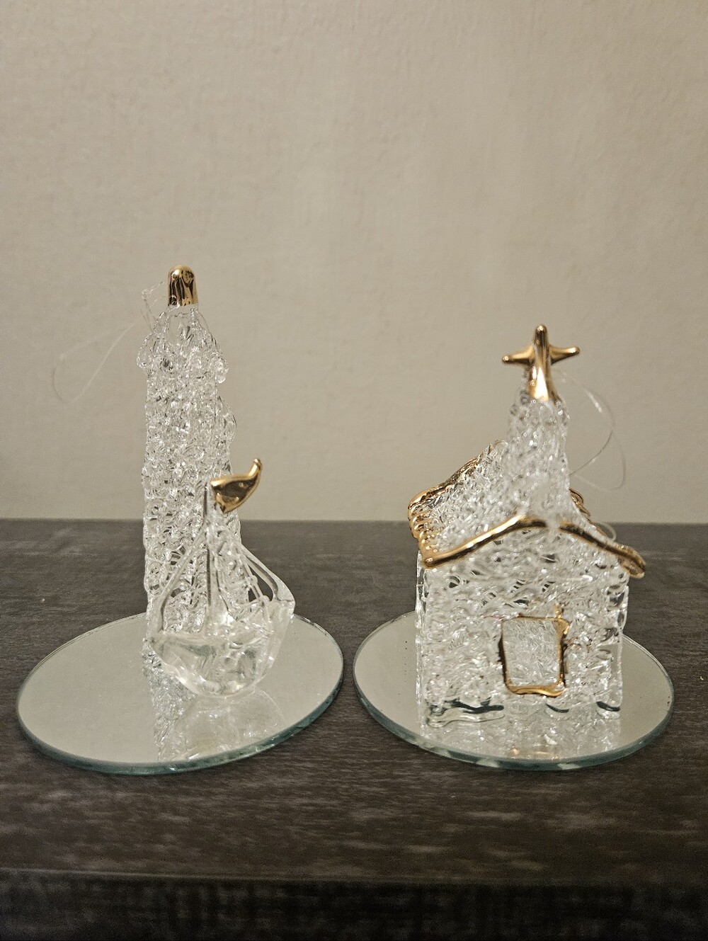 Vintage Spun Glass Figurine Ornament Set - Church & Lighthouse - 24k GP Trim